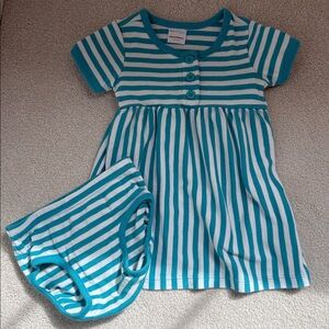 Hanna Andersson Teal and White Striped Cotton Dress with Matching Bloomers